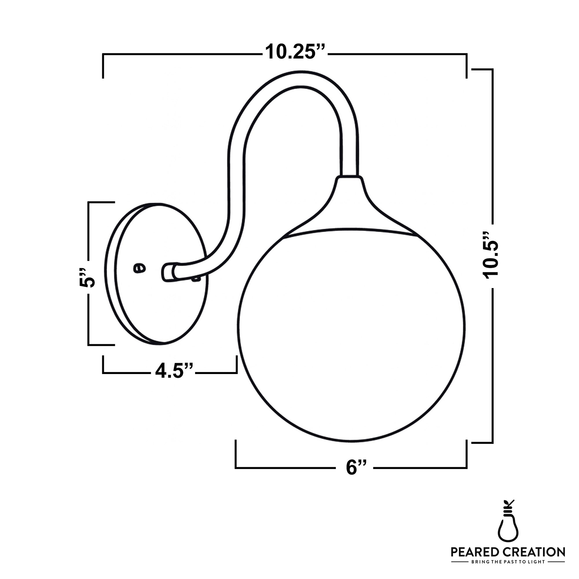 Wall sconce with curved arm and round frosted glass shade in antique brass finish, dimensions included. - SCONCE MODEL NO. 3961