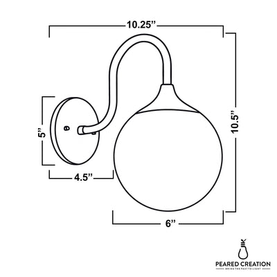 Wall sconce with curved arm and round frosted glass shade in antique brass finish, dimensions included. - SCONCE MODEL NO. 3961