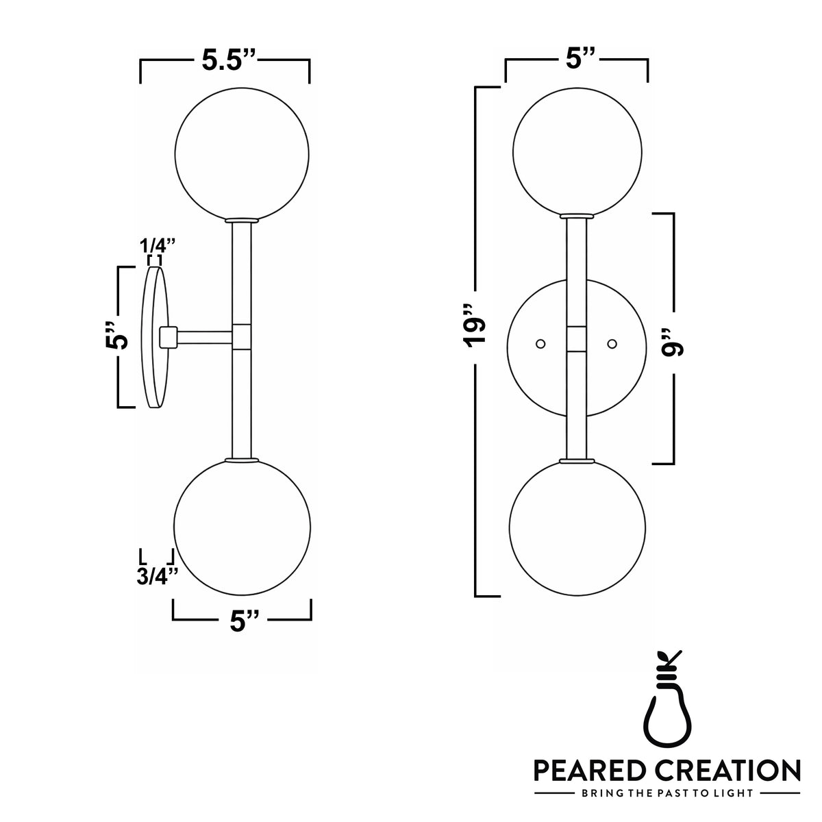 Modern double-globe wall sconce with matte black metal frame and frosted white glass shades, 19 inches tall. - SCONCE MODEL NO. 0963