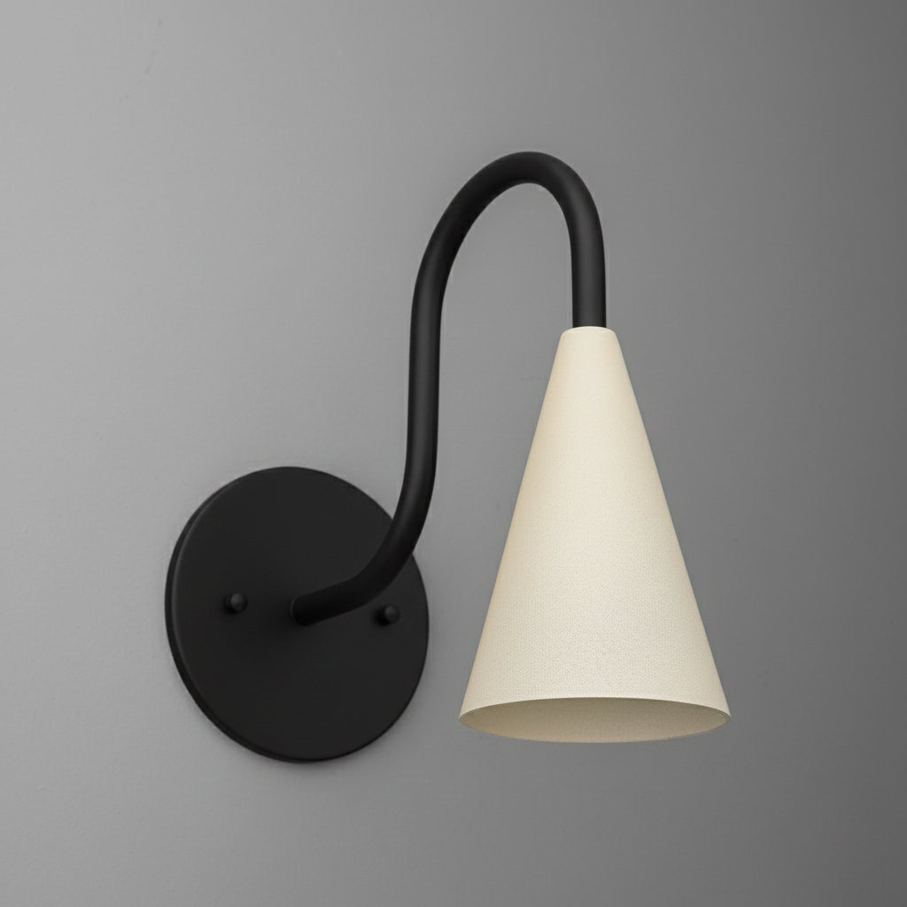 Black metal wall sconce with curved arm and white tapered cone lampshade. - SCONCE MODEL NO. 2126