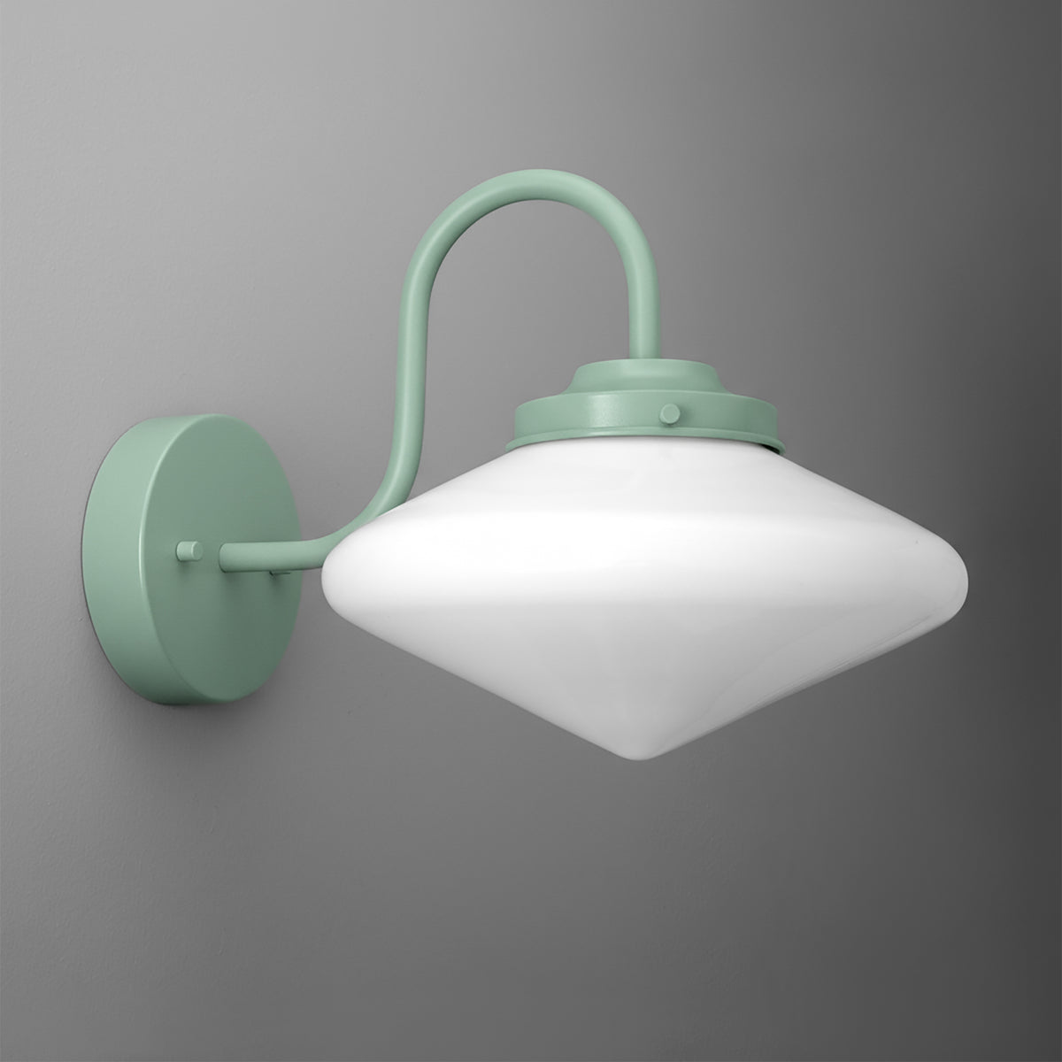 Matte green metal wall sconce with curved arm and white diamond-shaped glass shade. - SCONCE MODEL NO. 1019