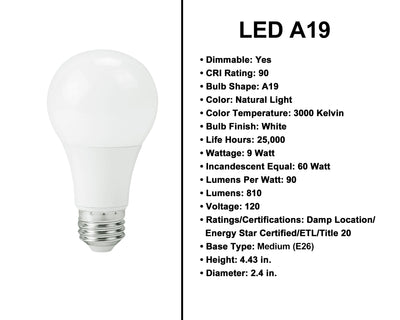 9 Watt -  810 Lumens - A19 Light Bulb - Natural Light 3000 Kelvin