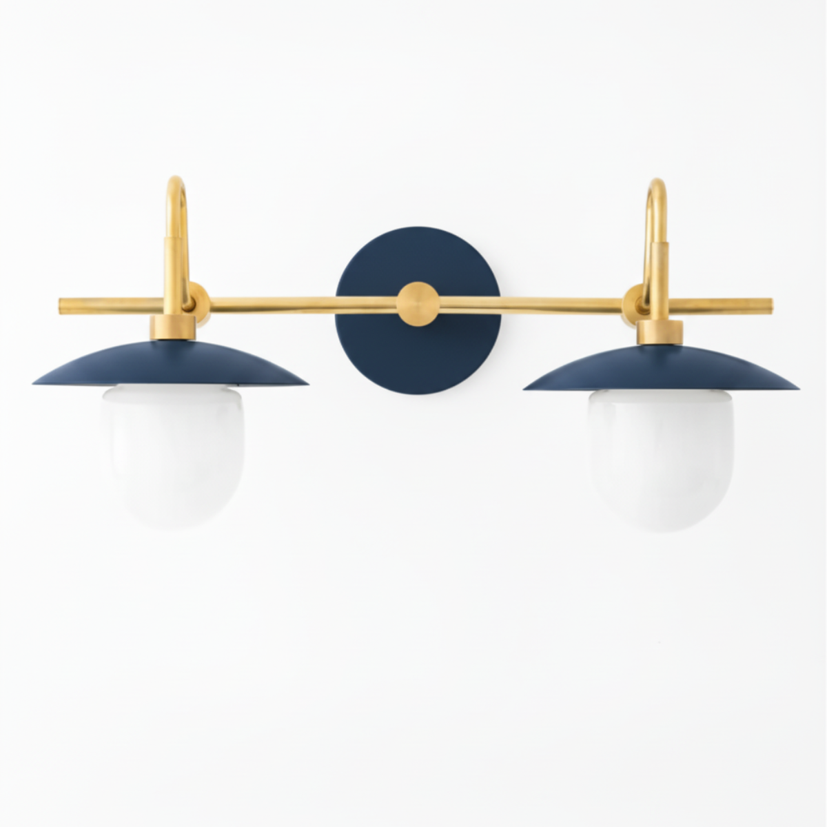 Raw brass two-bulb vanity light with navy blue metal shades and white globe bulbs. - VANITY LIGHT MODEL NO. 0347