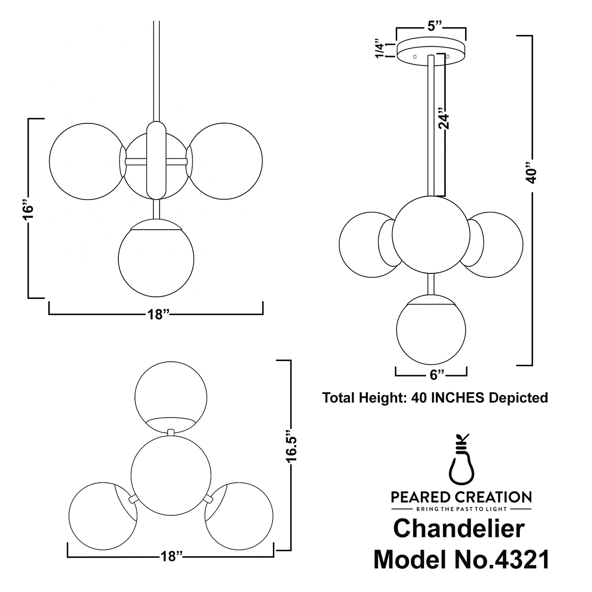 Art Deco black chandelier with three mauve glass globes, 40 inches tall with detailed dimensions. - CHANDELIER MODEL NO. 4321