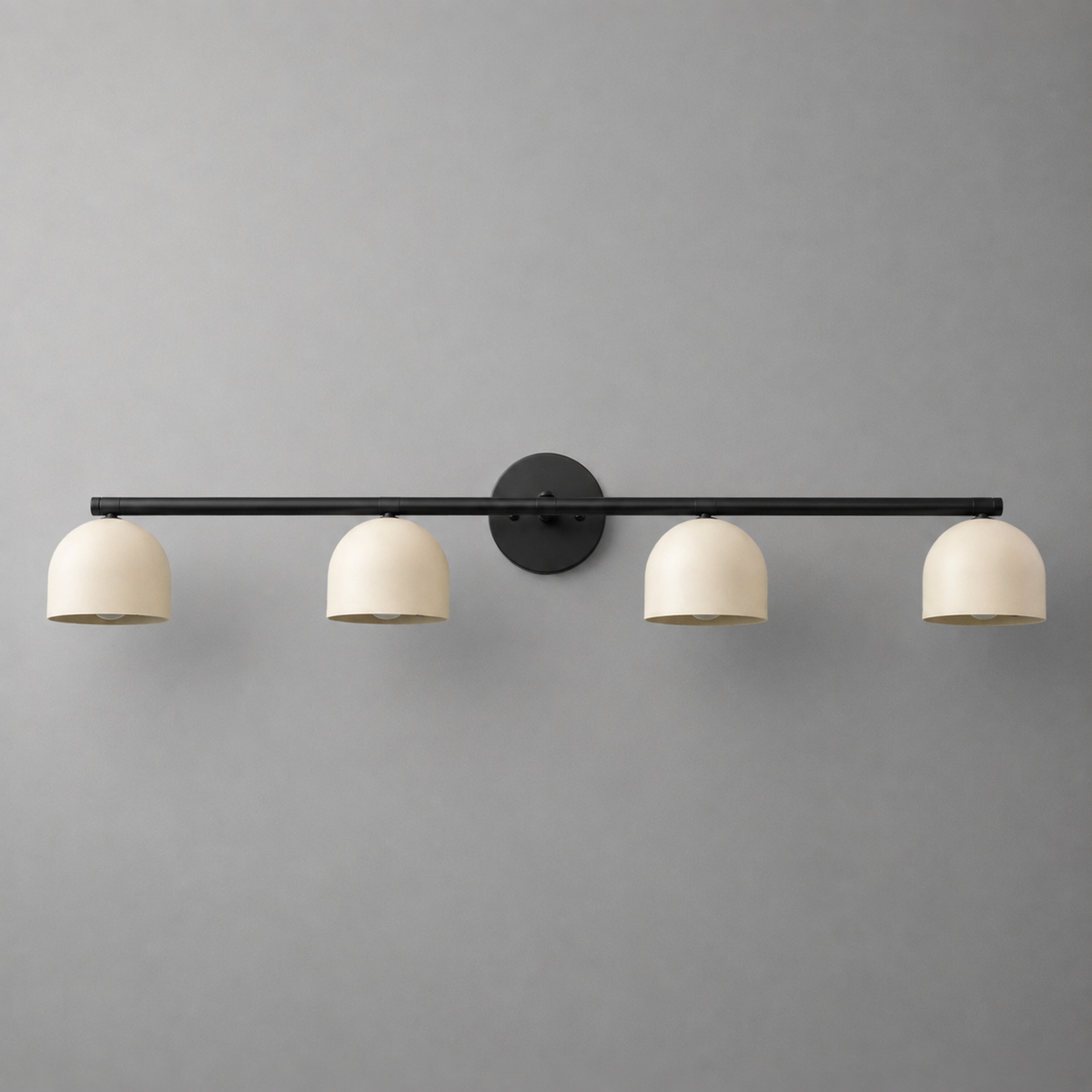 Matte black metal vanity light bar with four evenly spaced ivory dome-shaped shades. - VANITY MODEL NO. 6448
