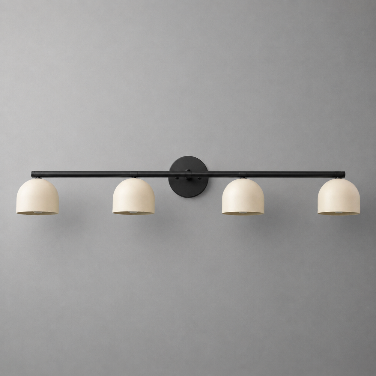 Matte black metal vanity light bar with four evenly spaced ivory dome-shaped shades. - VANITY MODEL NO. 6448