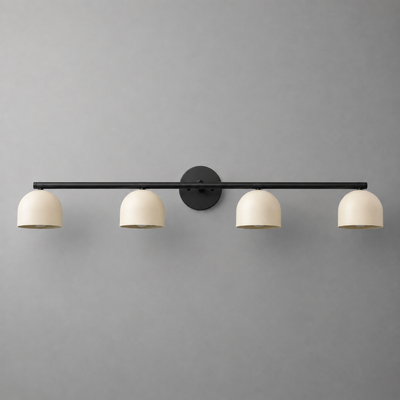 Matte black metal vanity light bar with four evenly spaced ivory dome-shaped shades. - VANITY MODEL NO. 6448