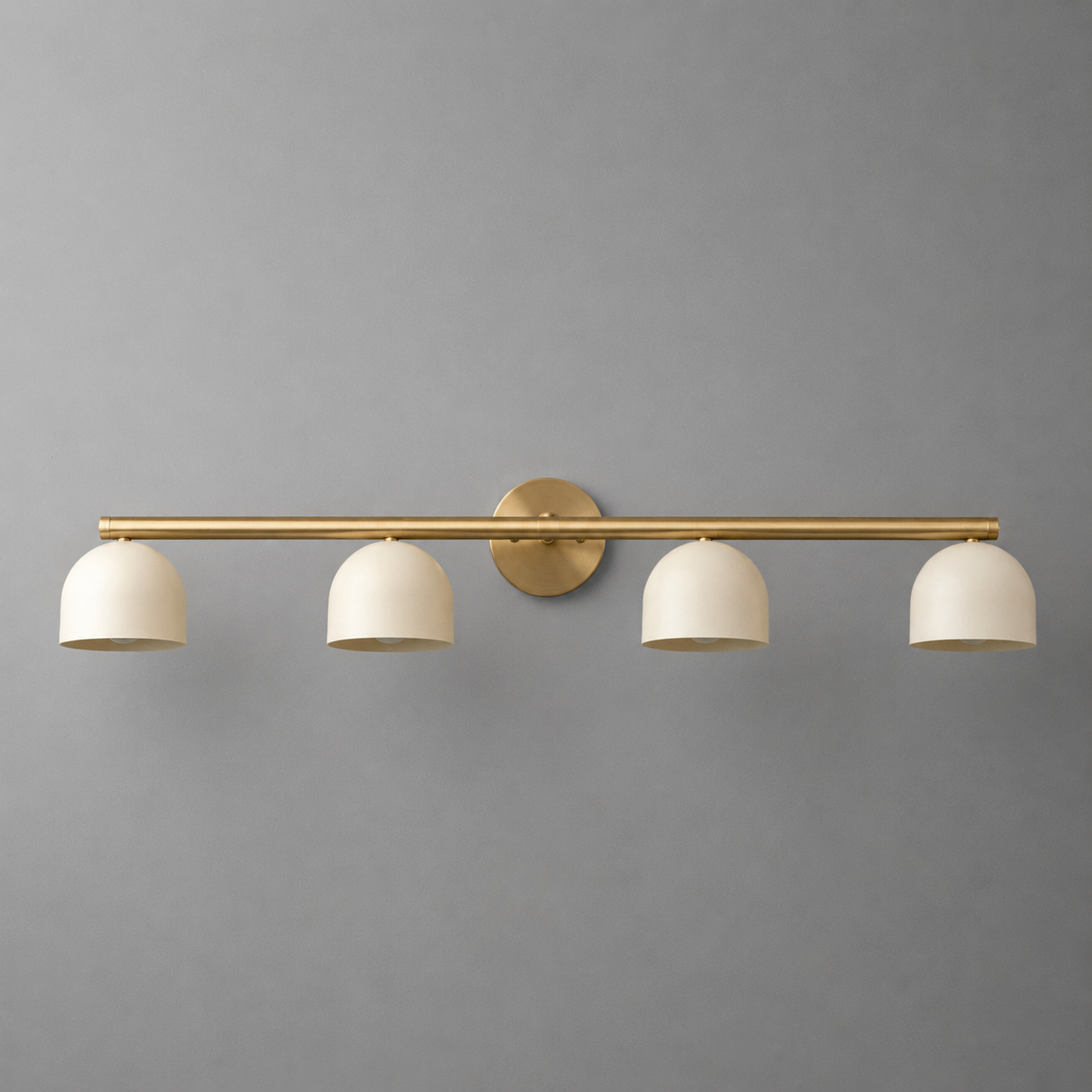 Four-light vanity fixture with matte brass finish and white dome-shaped shades mounted on a horizontal bar. - VANITY MODEL NO. 6448
