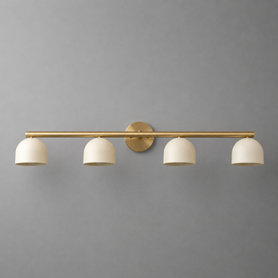Four-light vanity fixture with matte brass finish and white dome-shaped shades mounted on a horizontal bar. - VANITY MODEL NO. 6448