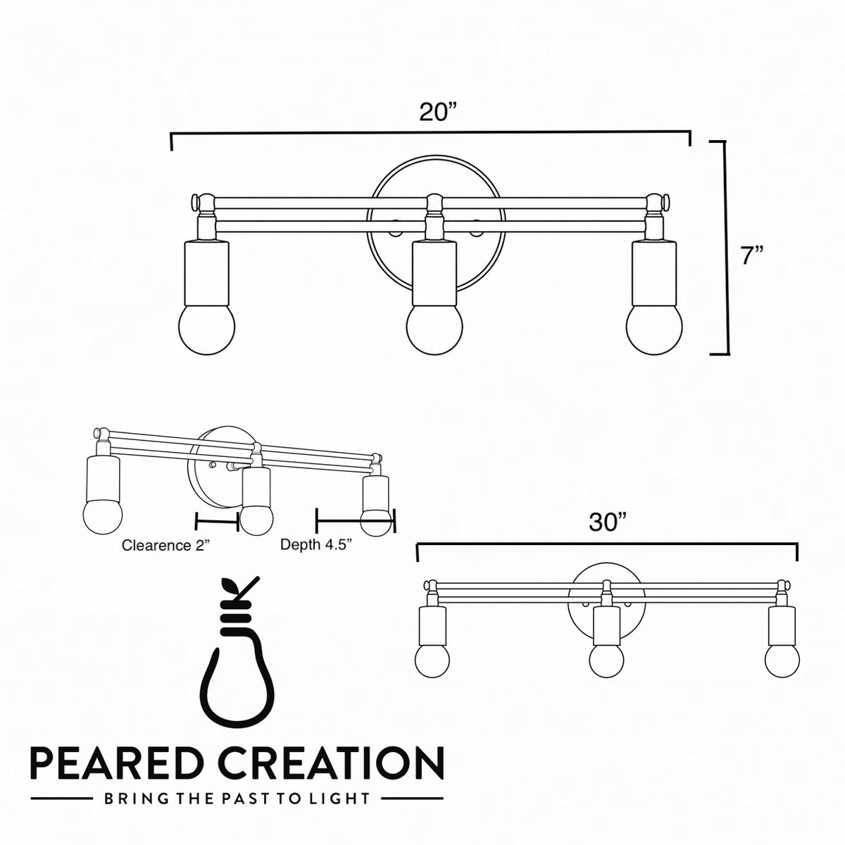 Vanity light dimensions: 30 in wide, 7 in tall, 4.5 in deep. - VANITY LIGHT MODEL NO. 8256