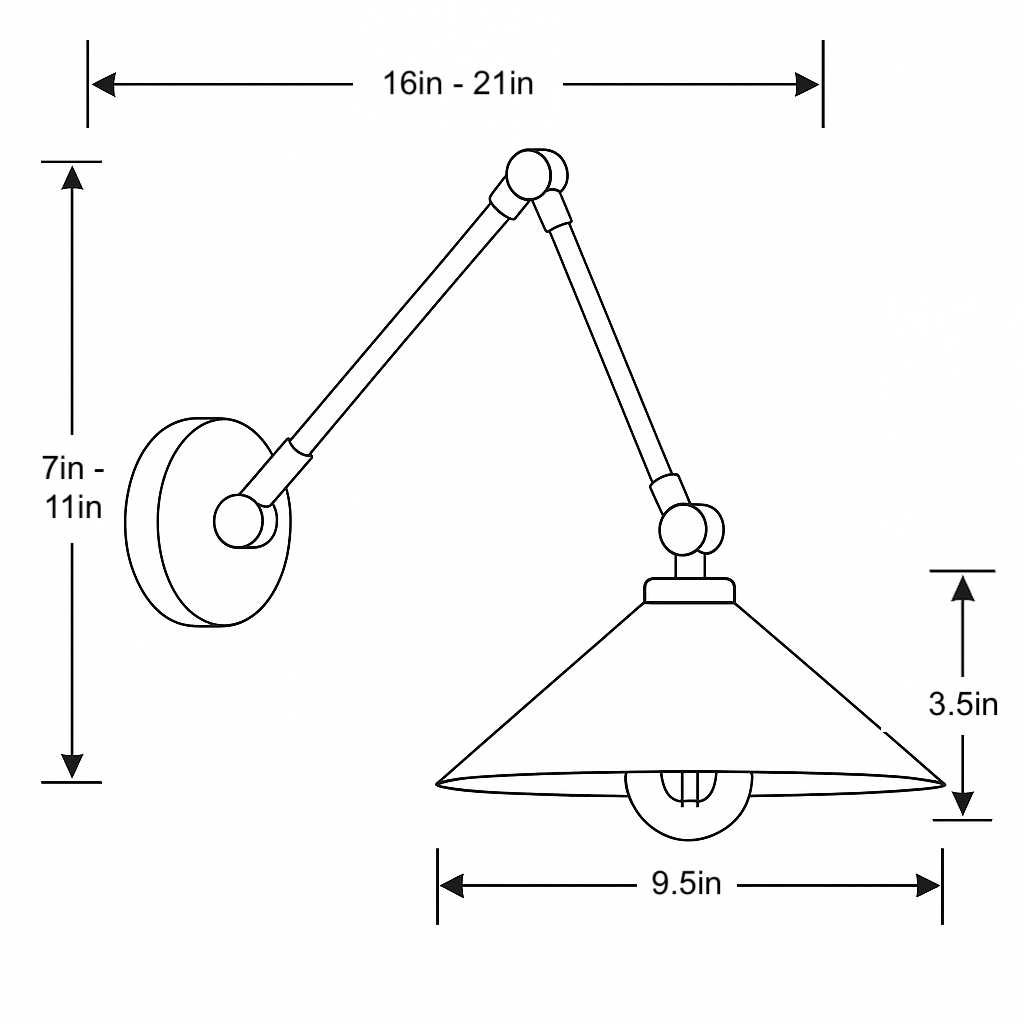Adjustable arm wall sconce with conical metal shade and round wall mount, dimensions annotated. - SCONCE MODEL NO. 6414