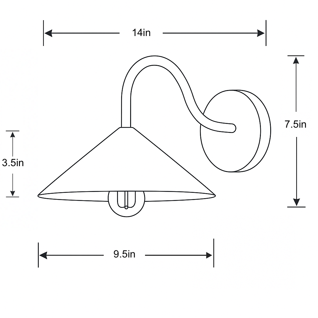Wall-mounted sconce with conical shade, curved arm, and round base, measuring 14in wide and 7.5in high. - SCONCE MODEL NO. 7574