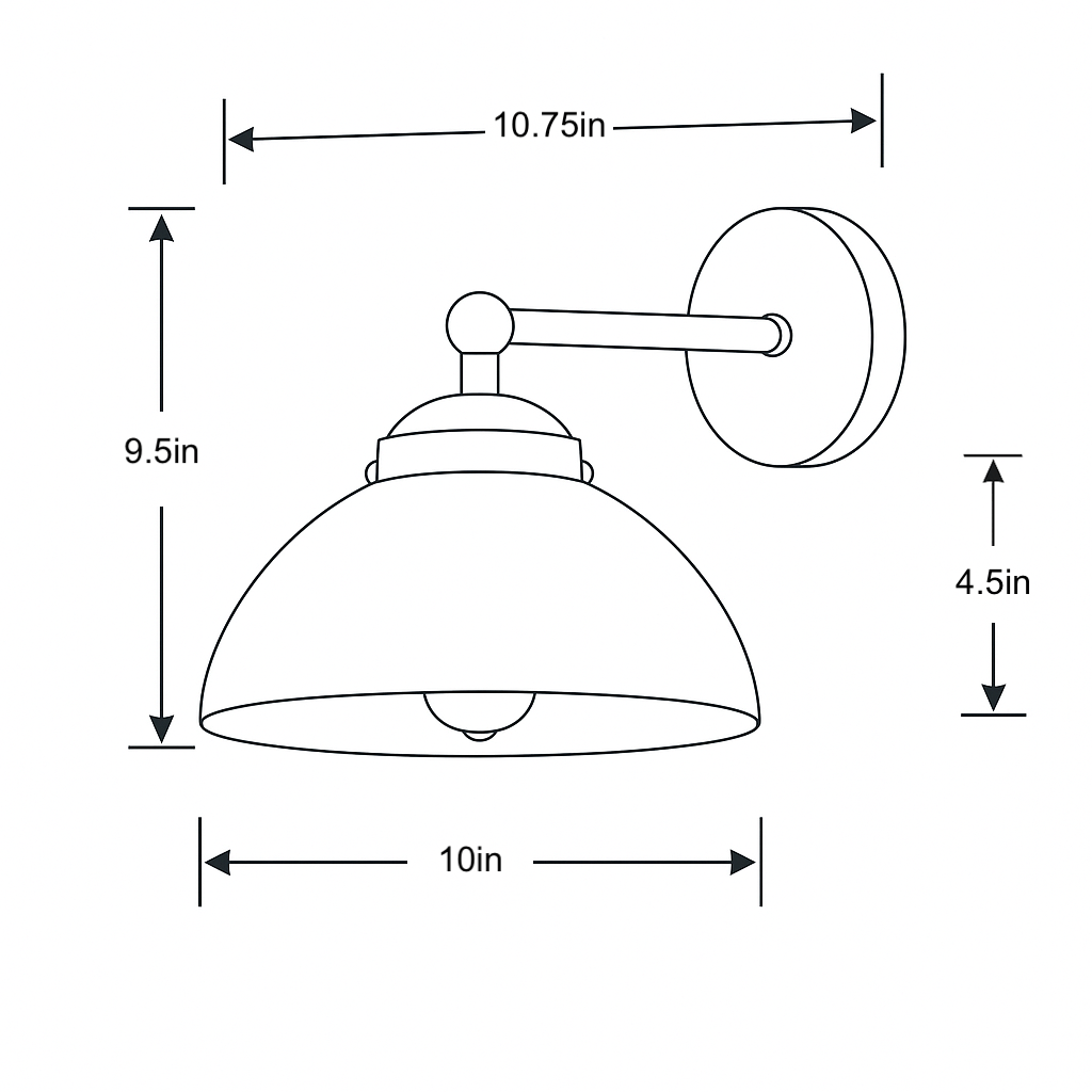 Wall sconce with a wide dome shade, round backplate, and compact arm in a classic design with dimensions shown. - SCONCE MODEL NO. 9835