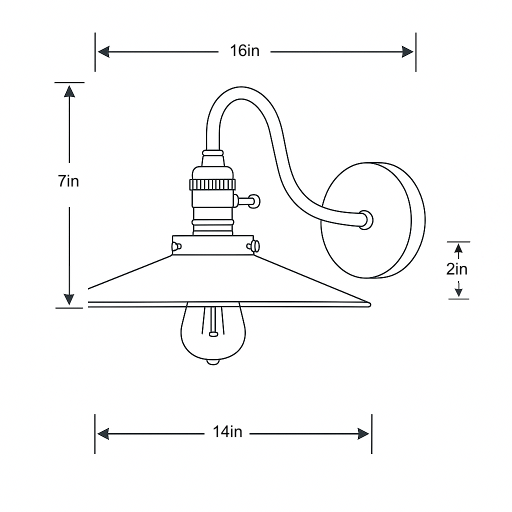 Black metal wall sconce with curved arm and wide conical shade, vintage industrial style. - SCONCE MODEL NO. 5562