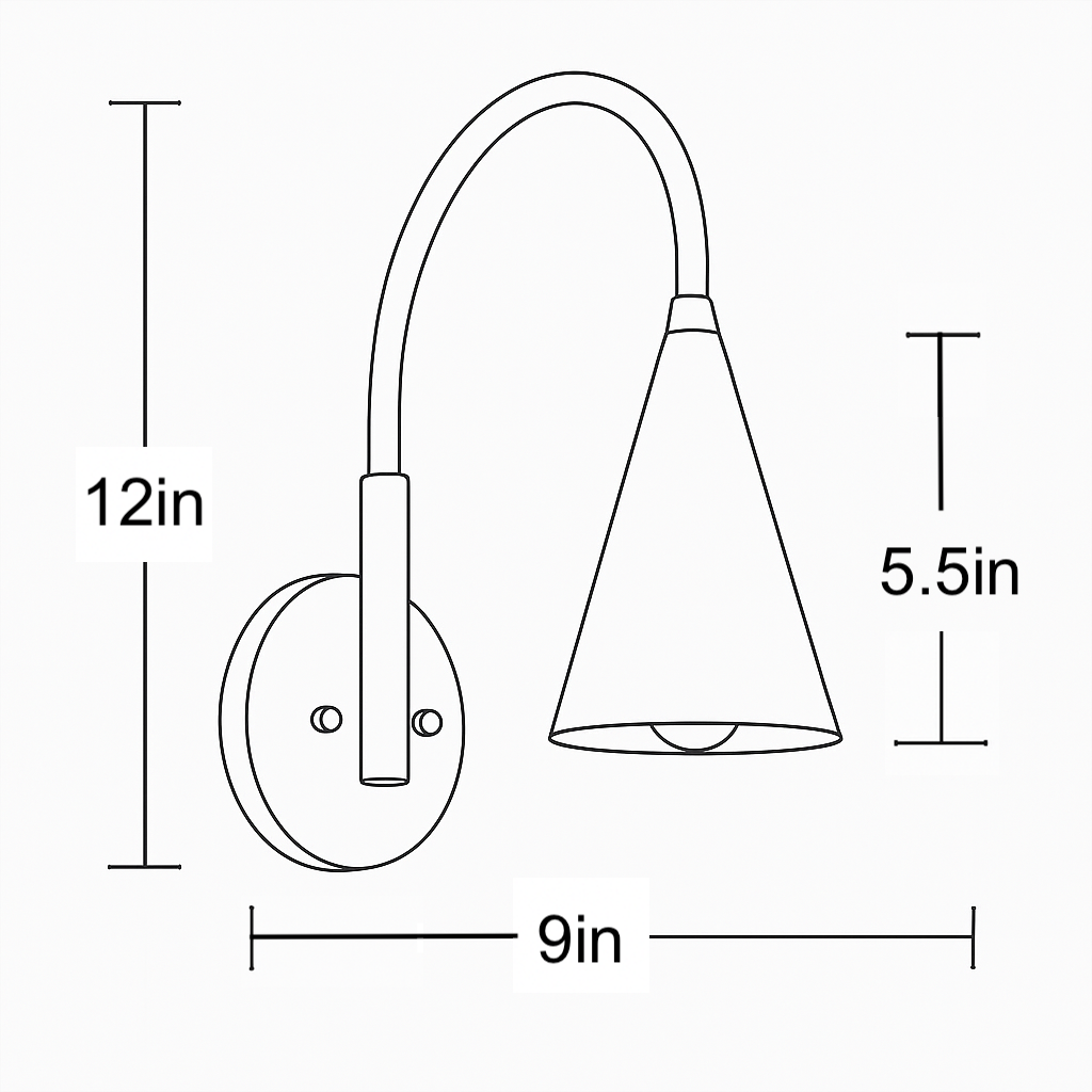 Wall sconce with curved arm, conical shade, round backplate, dimensions 12x9x5.5 inches. - SCONCE MODEL NO. 1309