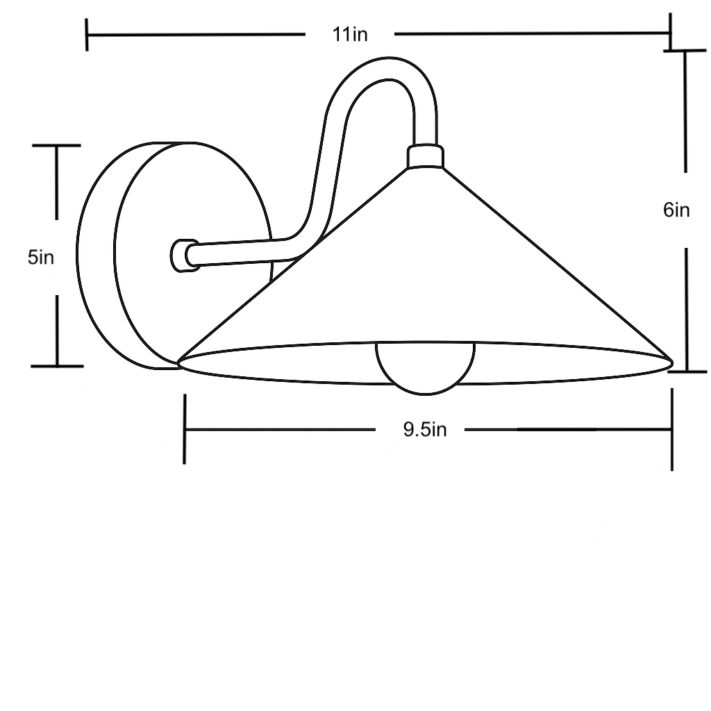 Wall-mounted metal sconce with conical shade and curved arm, 11" width, antique brass finish. - SCONCE MODEL NO. 6528
