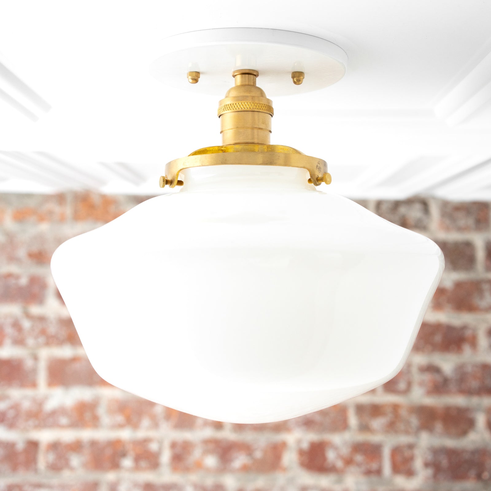White glass globe semi-flush ceiling light with brass hardware and round white base. - CEILING LIGHT MODEL NO. 5754