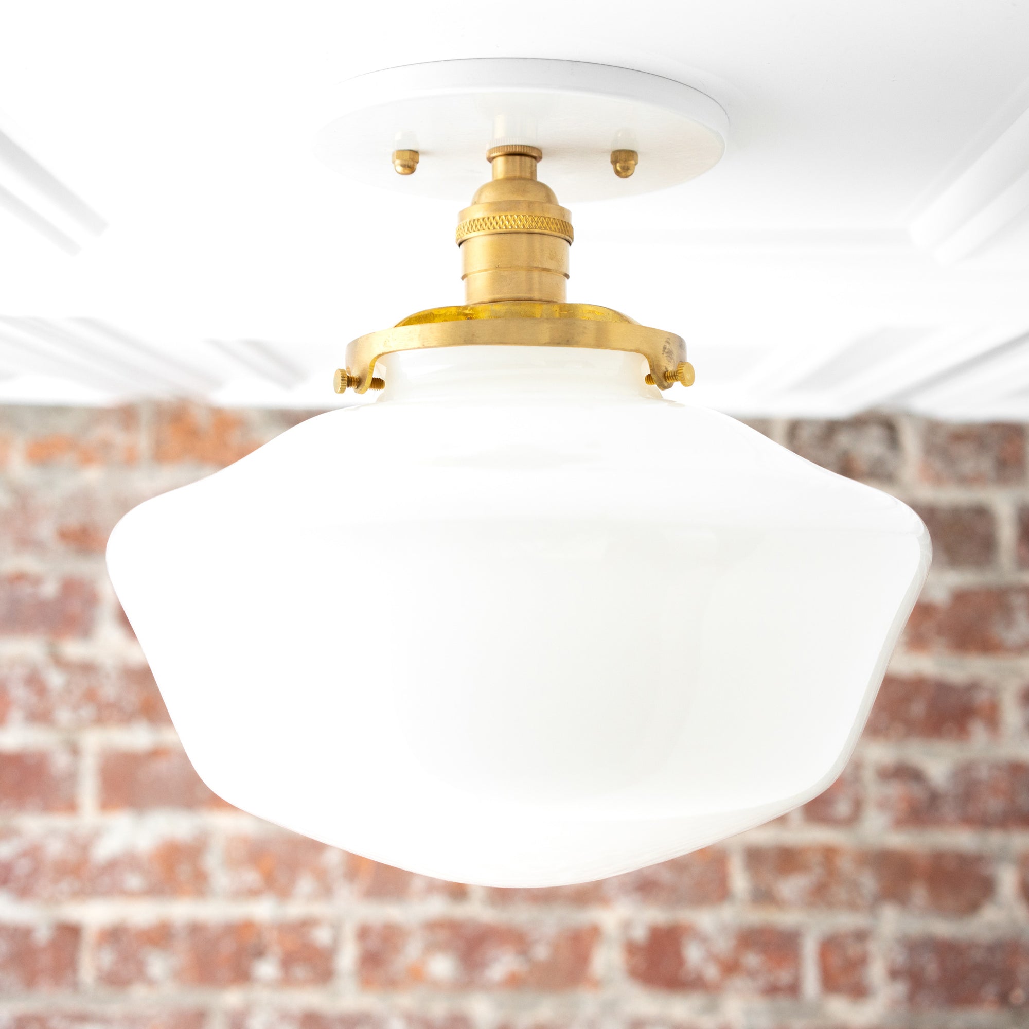 White glass globe semi-flush ceiling light with brass hardware and round white base. - CEILING LIGHT MODEL NO. 5754