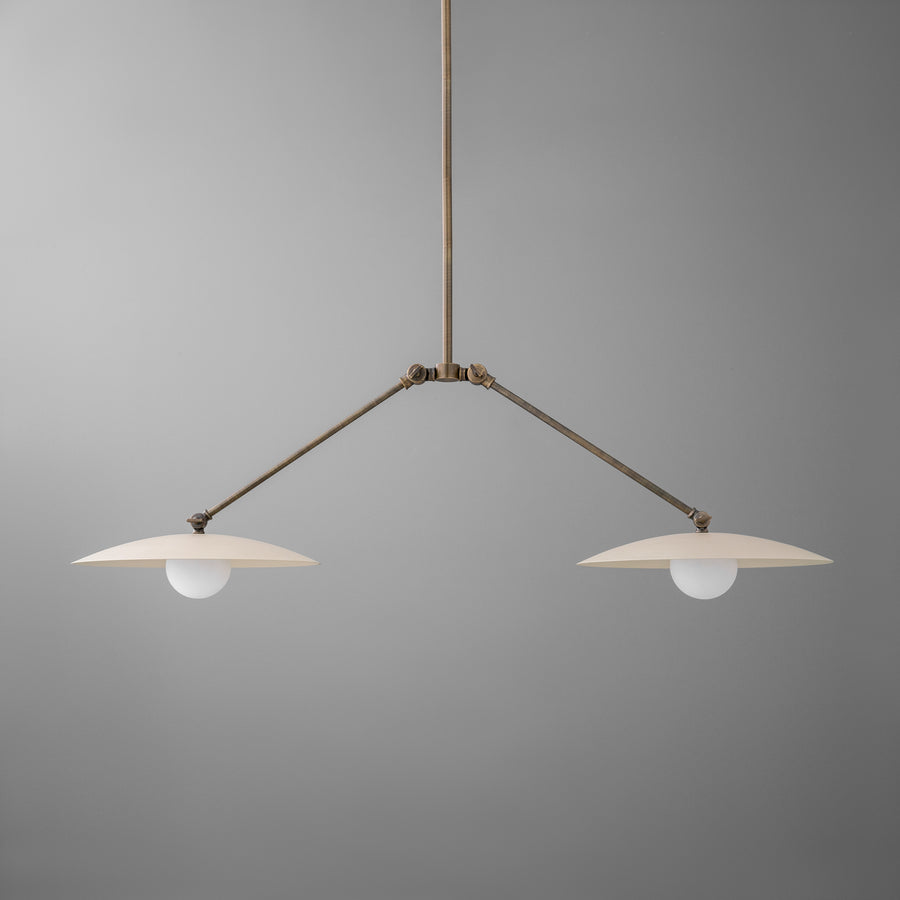 Minimalist chandelier with two white disc-shaped shades and antique brass finish suspension rods. - CHANDELIER MODEL NO. 9799