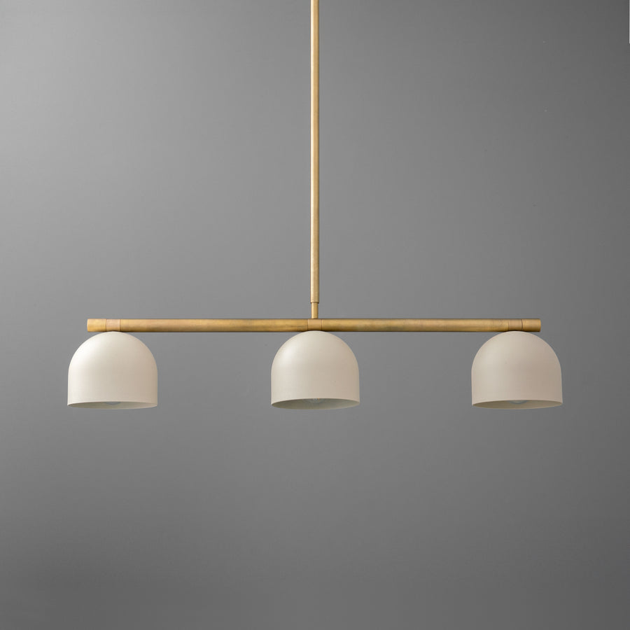 Brass chandelier with three white dome-shaped shades suspended from a horizontal rod. - CHANDELIER MODEL NO. 8477