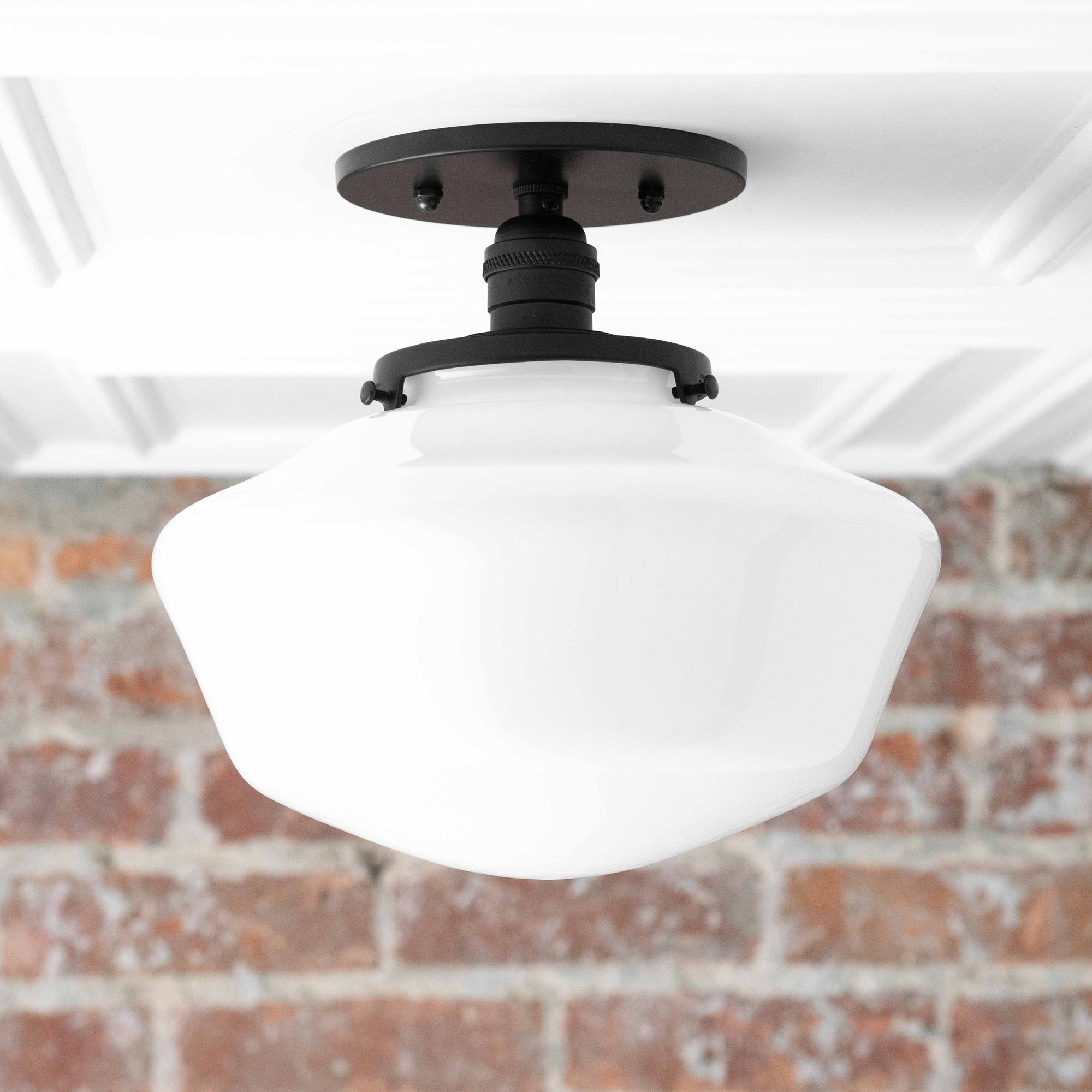Mid-century modern semi-flush ceiling light with white glass globe and black metal base. - CEILING LIGHT MODEL NO. 5754