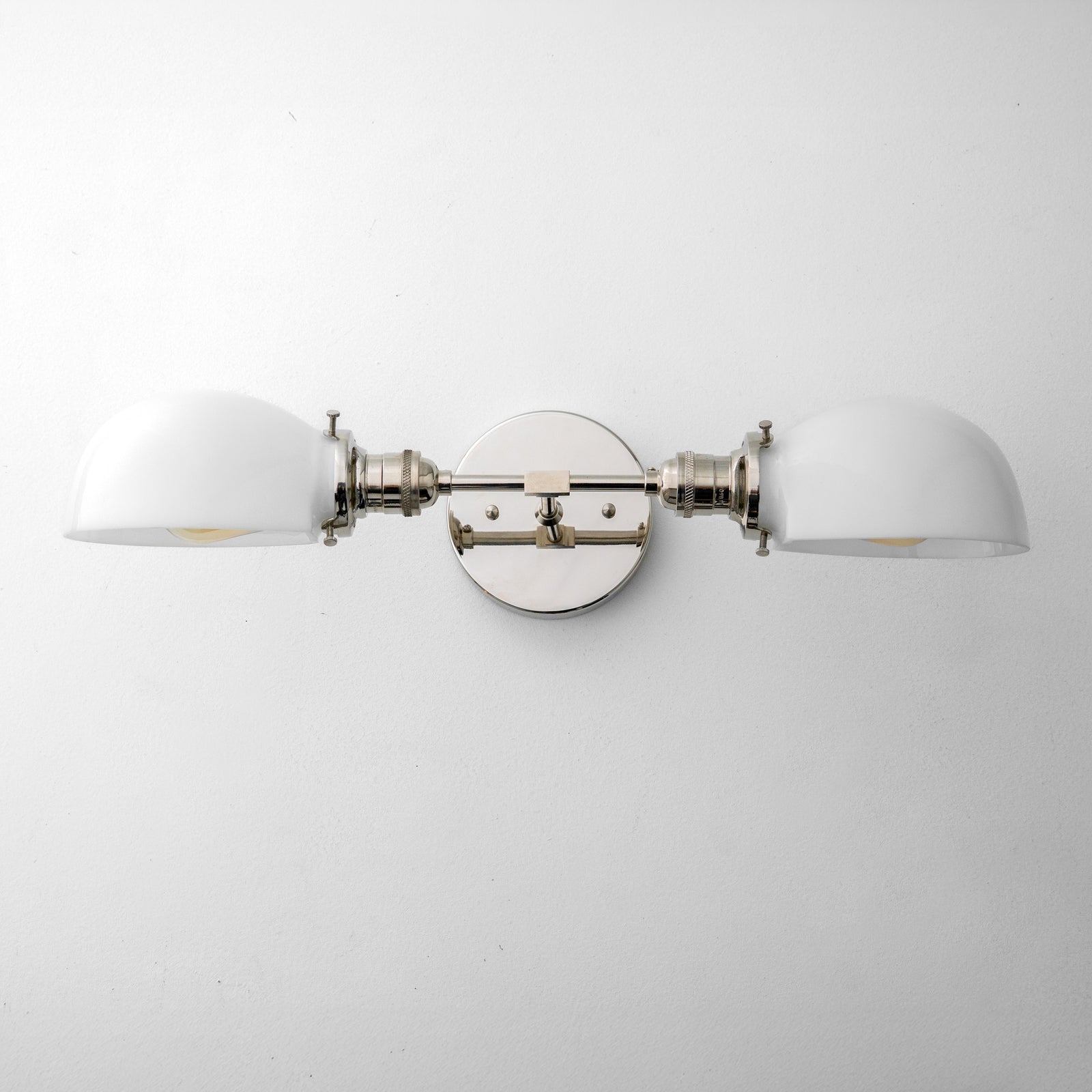 Mid-century modern 2-bulb vanity light with polished nickel finish and white dome-shaped glass shades. - VANITY LIGHT MODEL NO. 1734