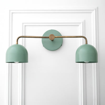 Mid-century modern 2-bulb vanity light with matte green dome shades and brass horizontal arm. - VANITY LIGHT MODEL NO. 2082