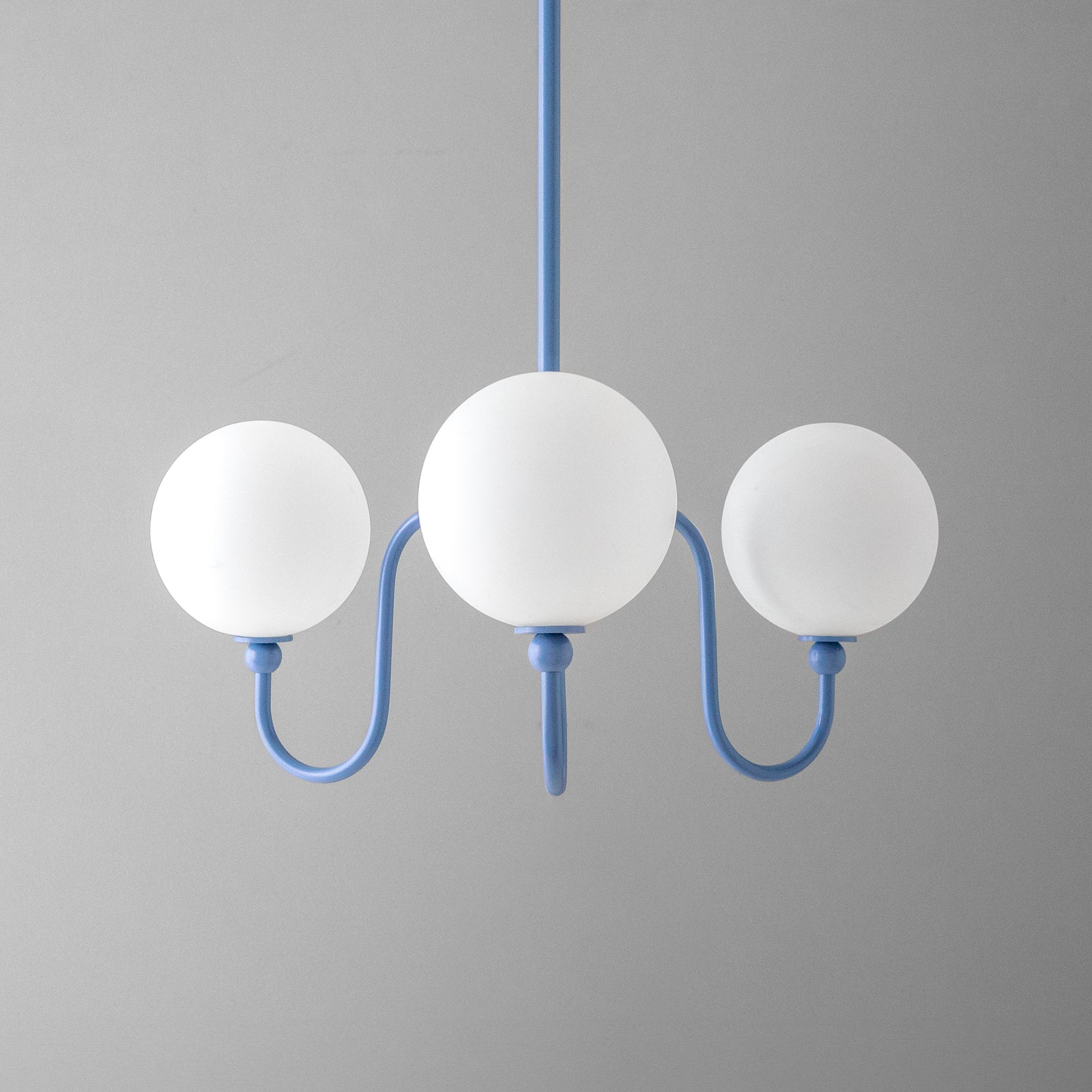 Minimalist chandelier with three white globe lights and periwinkle blue metal frame. - CHANDELIER MODEL NO. 0678