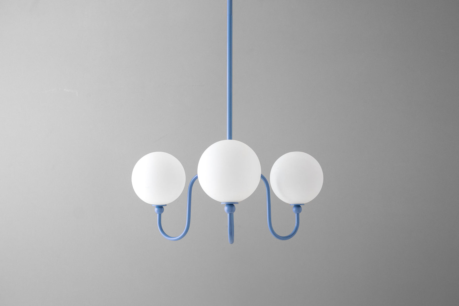 Periwinkle blue chandelier with three frosted glass globe lights and minimalist metal frame. - CHANDELIER MODEL NO. 0678