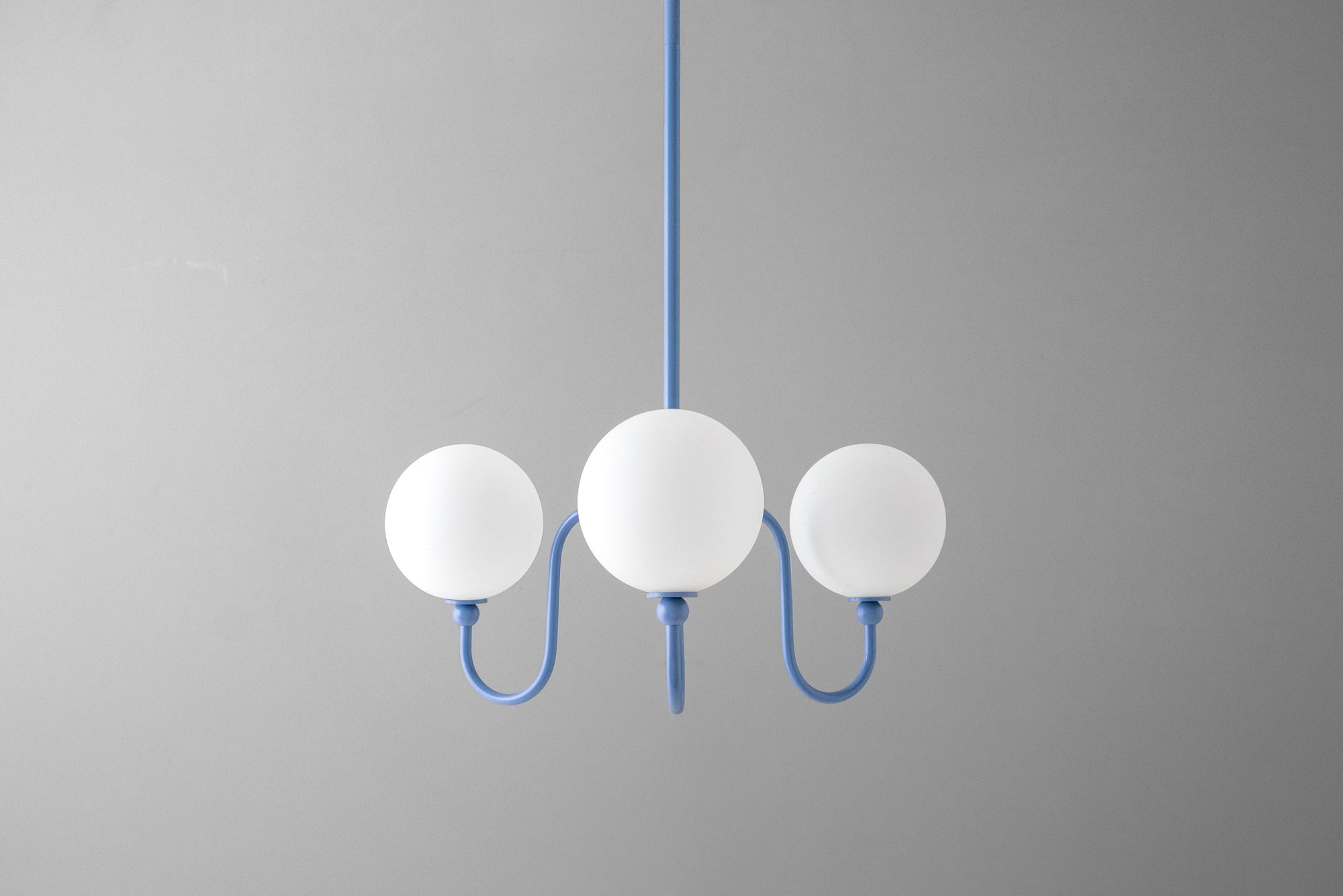 Periwinkle blue chandelier with three frosted glass globe lights and minimalist metal frame. - CHANDELIER MODEL NO. 0678