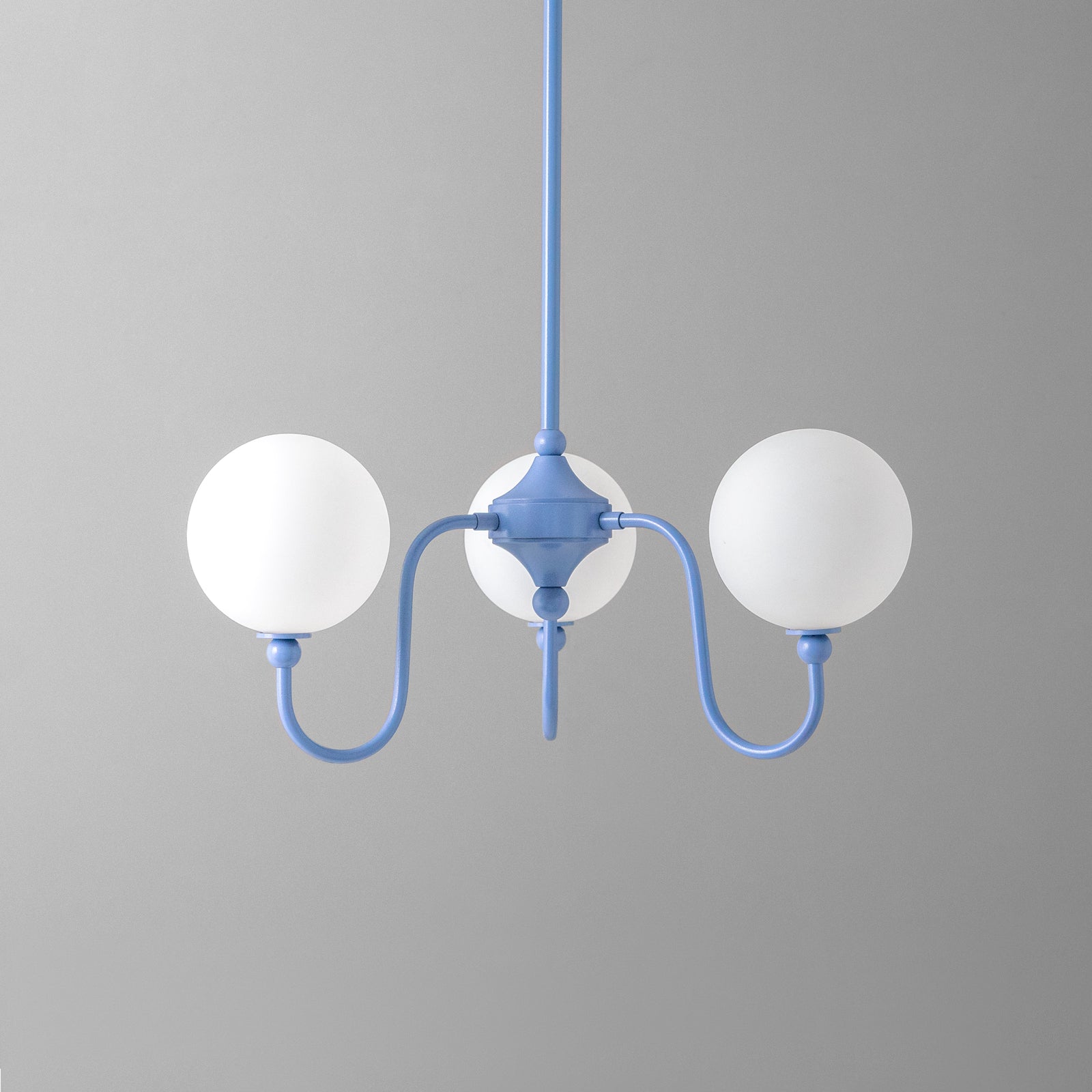 Periwinkle blue chandelier with two white frosted glass globes and curved arms. - CHANDELIER MODEL NO. 0678
