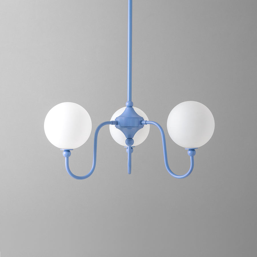 Periwinkle blue chandelier with two white frosted glass globes and curved arms. - CHANDELIER MODEL NO. 0678