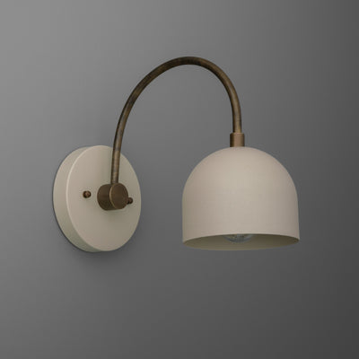 Matte white dome shade with brass finish curved arm and round wall mount semi-flush sconce. - SCONCE MODEL NO. 8586