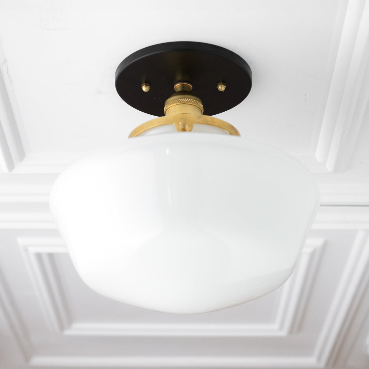 Mid-century modern semi-flush ceiling light with white glass globe and black and brass fixture. - CEILING LIGHT MODEL NO. 5754