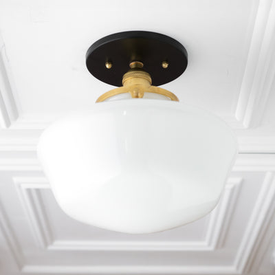 Mid-century modern semi-flush ceiling light with white glass globe and black and brass fixture. - CEILING LIGHT MODEL NO. 5754