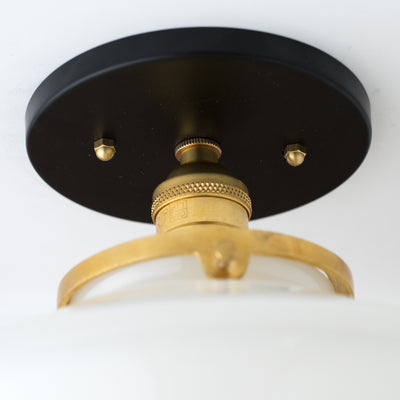 Mid-century modern semi-flush ceiling light with matte black base and brass hardware. - CEILING LIGHT MODEL NO. 5754