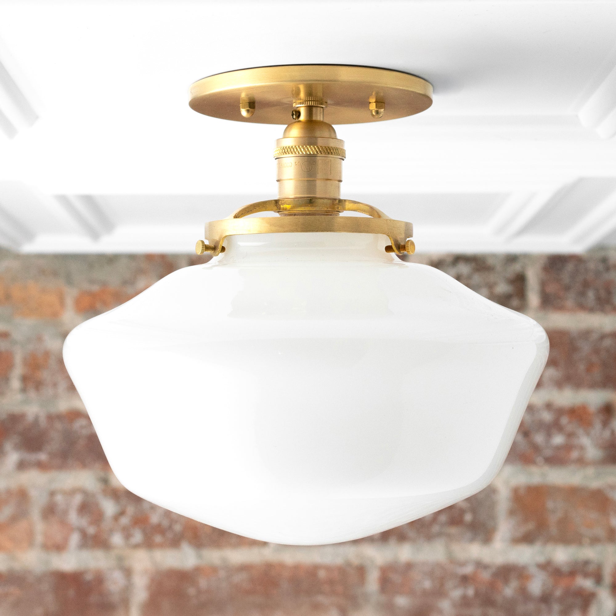 Mid-century modern semi-flush ceiling light with white globe shade and brushed brass fixture. - CEILING LIGHT MODEL NO. 5754