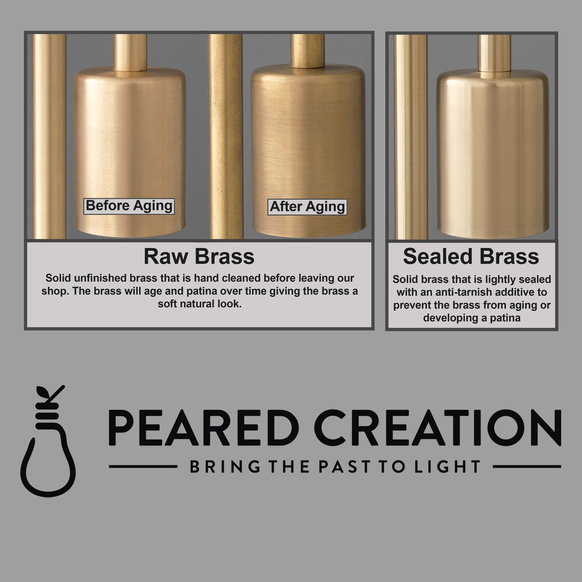 Comparison of raw brass and sealed brass finishes on metal surfaces showing color and aging differences. - SCONCE MODEL NO. 7039