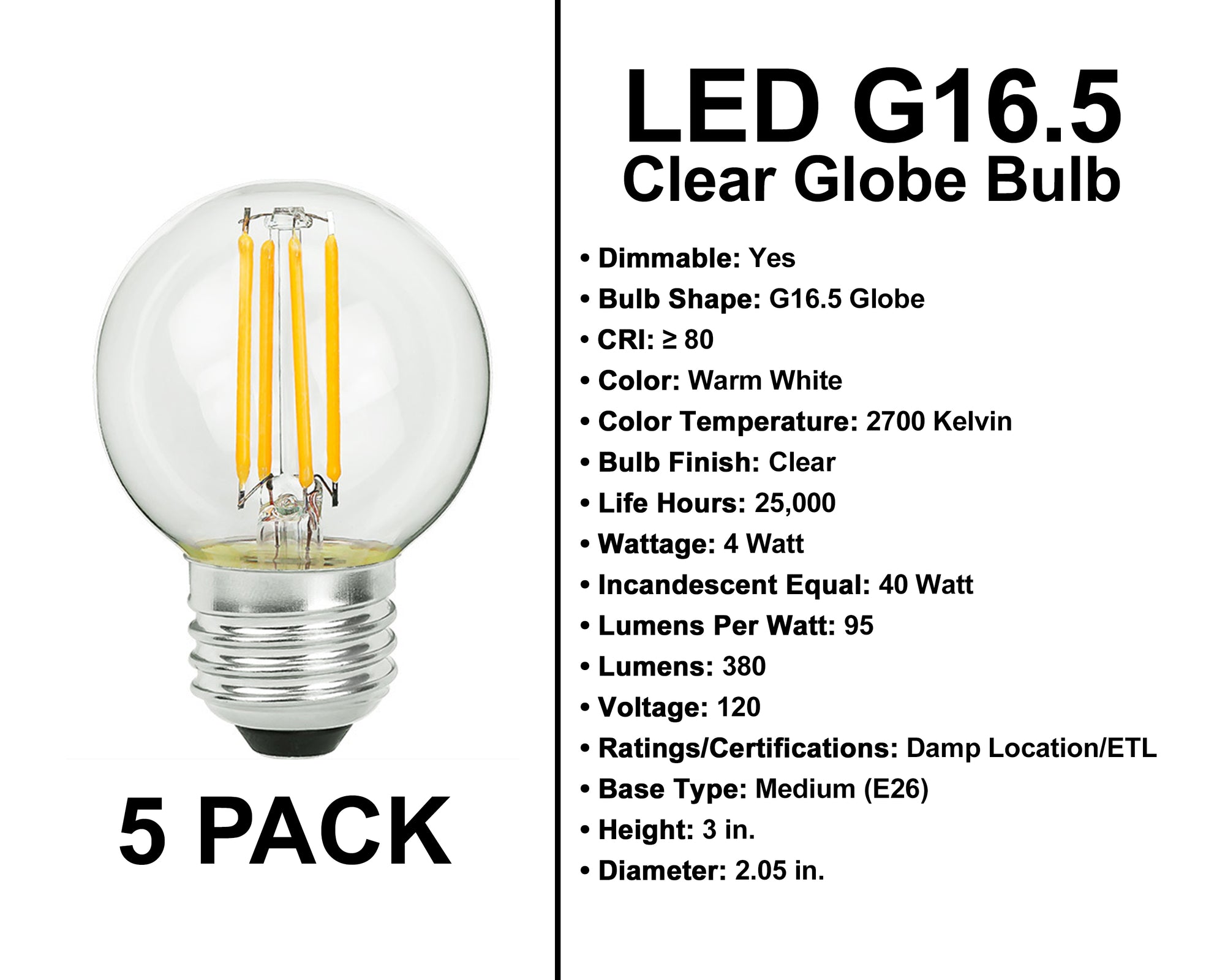 E26 Socket Globe Bulbs - 5 Pack