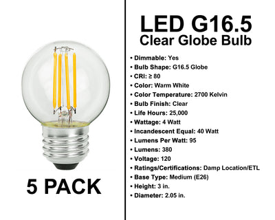 E26 Socket Globe Bulbs - 5 Pack