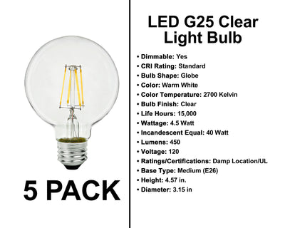 E26 Socket Globe Bulbs - 5 Pack