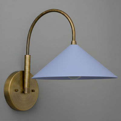Sconce with antique brass finish and blue conical metal shade mounted on curved arm. - Sconce Model No. 1583
