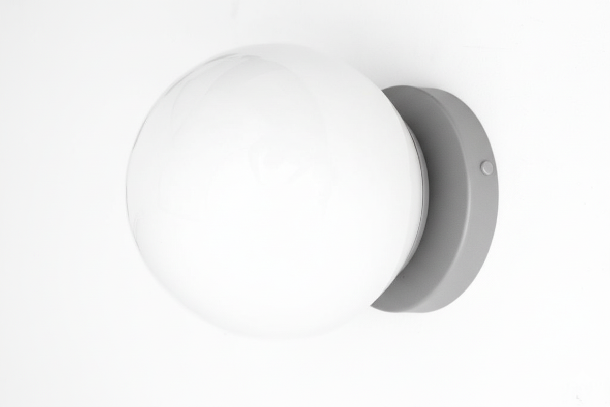 Mid-century modern wall sconce with white globe and gray flush mount base. - SCONCE MODEL NO. 3825