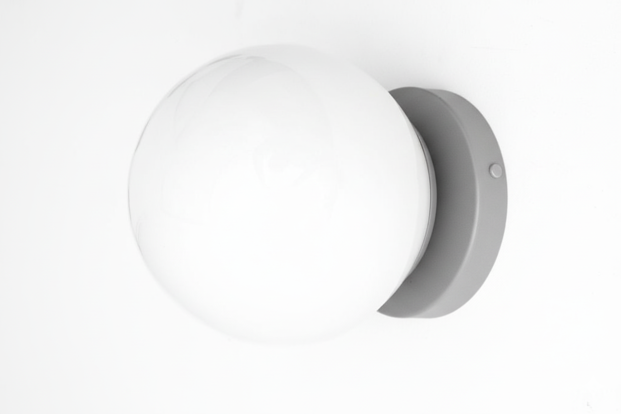 Mid-century modern wall sconce with white globe and gray flush mount base. - SCONCE MODEL NO. 3825