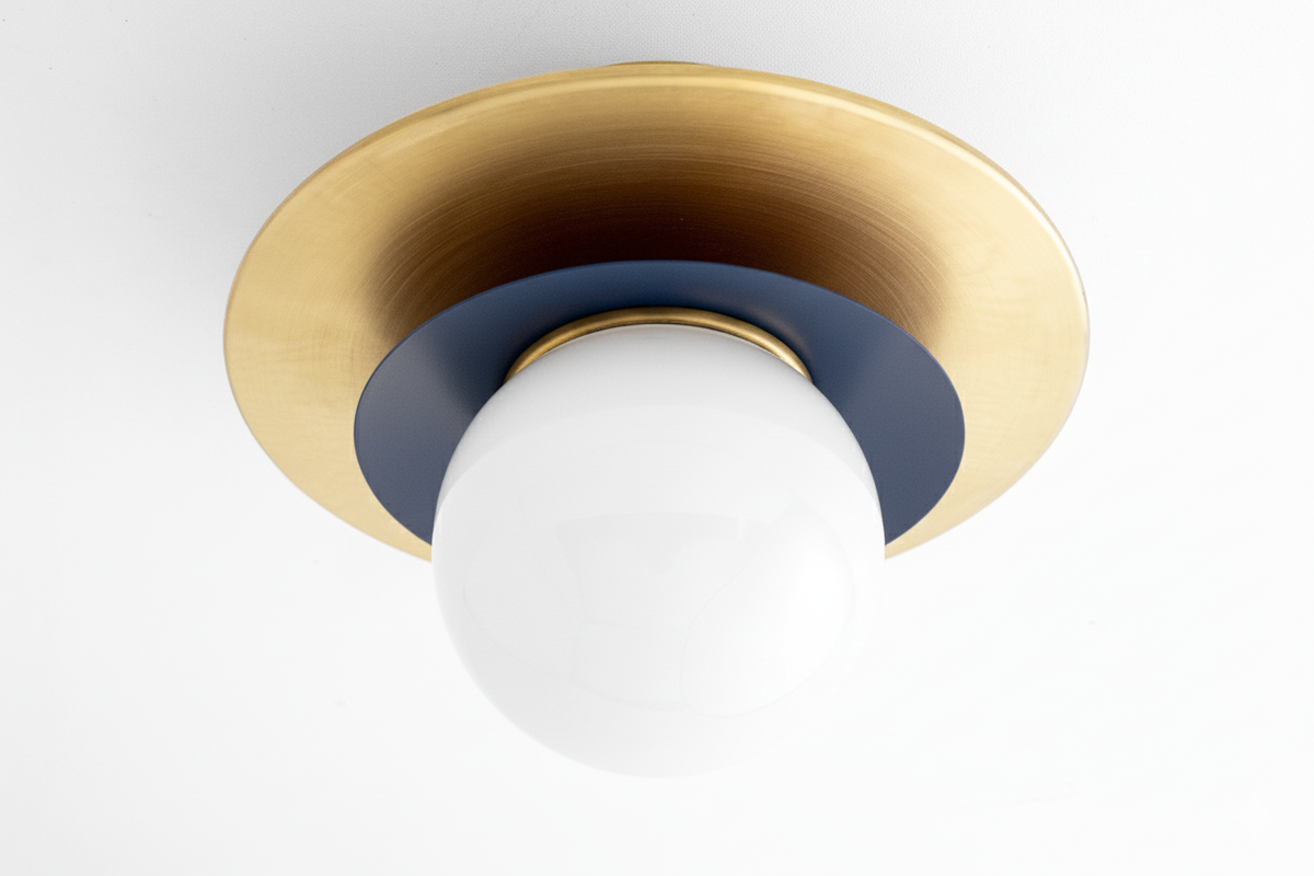 Semi-flush ceiling light with raw brass finish and white frosted glass globe shade. - CEILING LIGHT MODEL NO. 5368