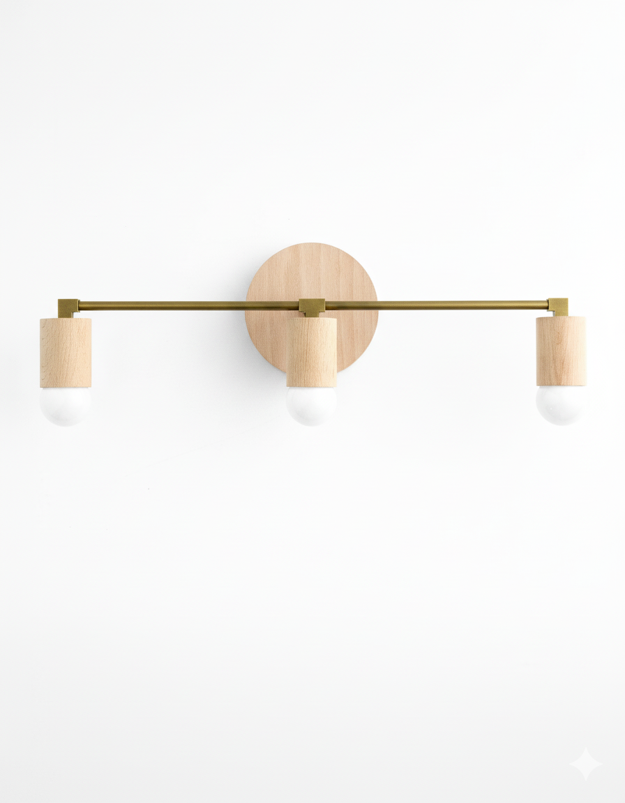 Three-bulb vanity light with raw brass bar and beech wood accents on round wall mount. - VANITY LIGHT MODEL NO. 4446