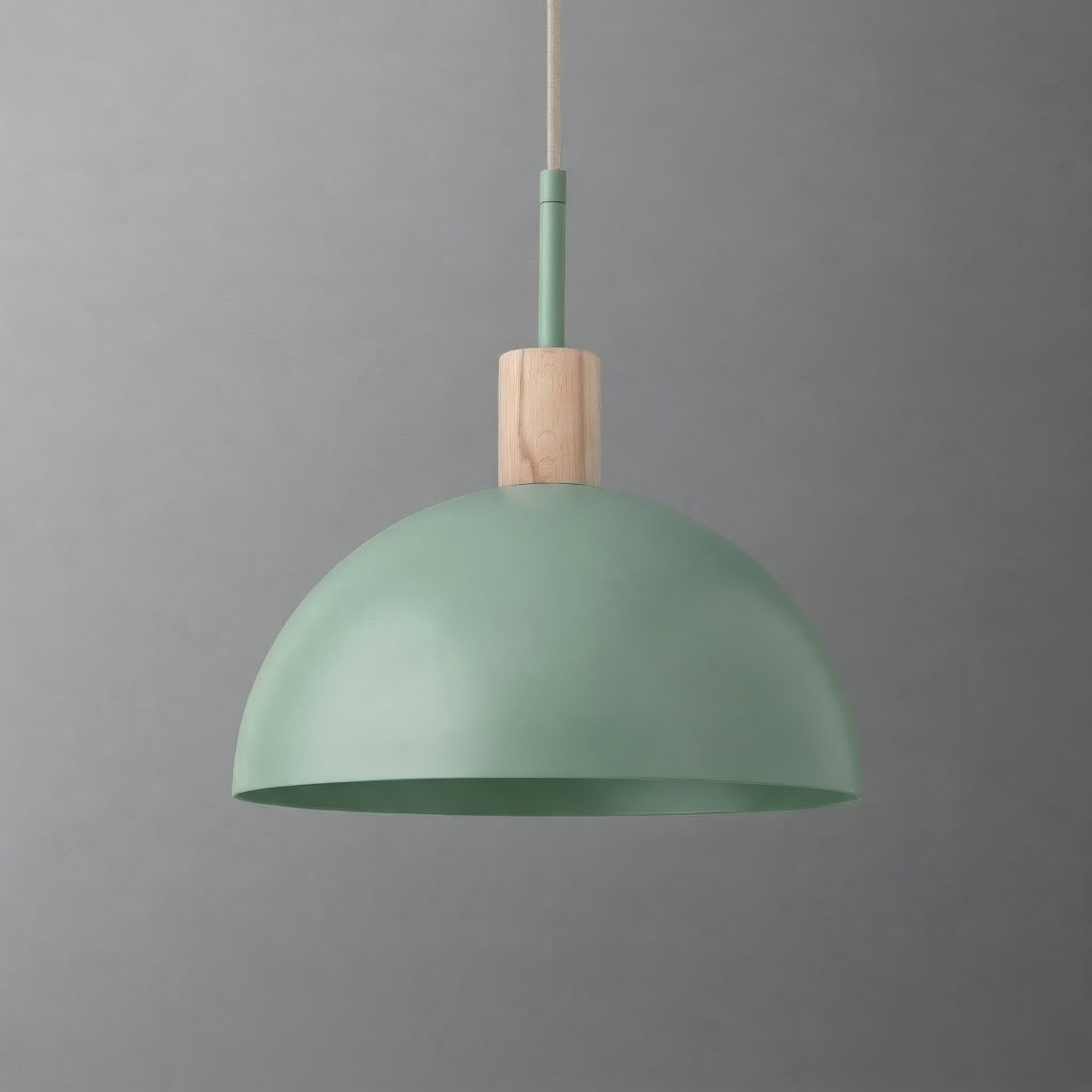 Green metal dome pendant light with natural wood accent and white cord. - PENDANT MODEL NO. 4610