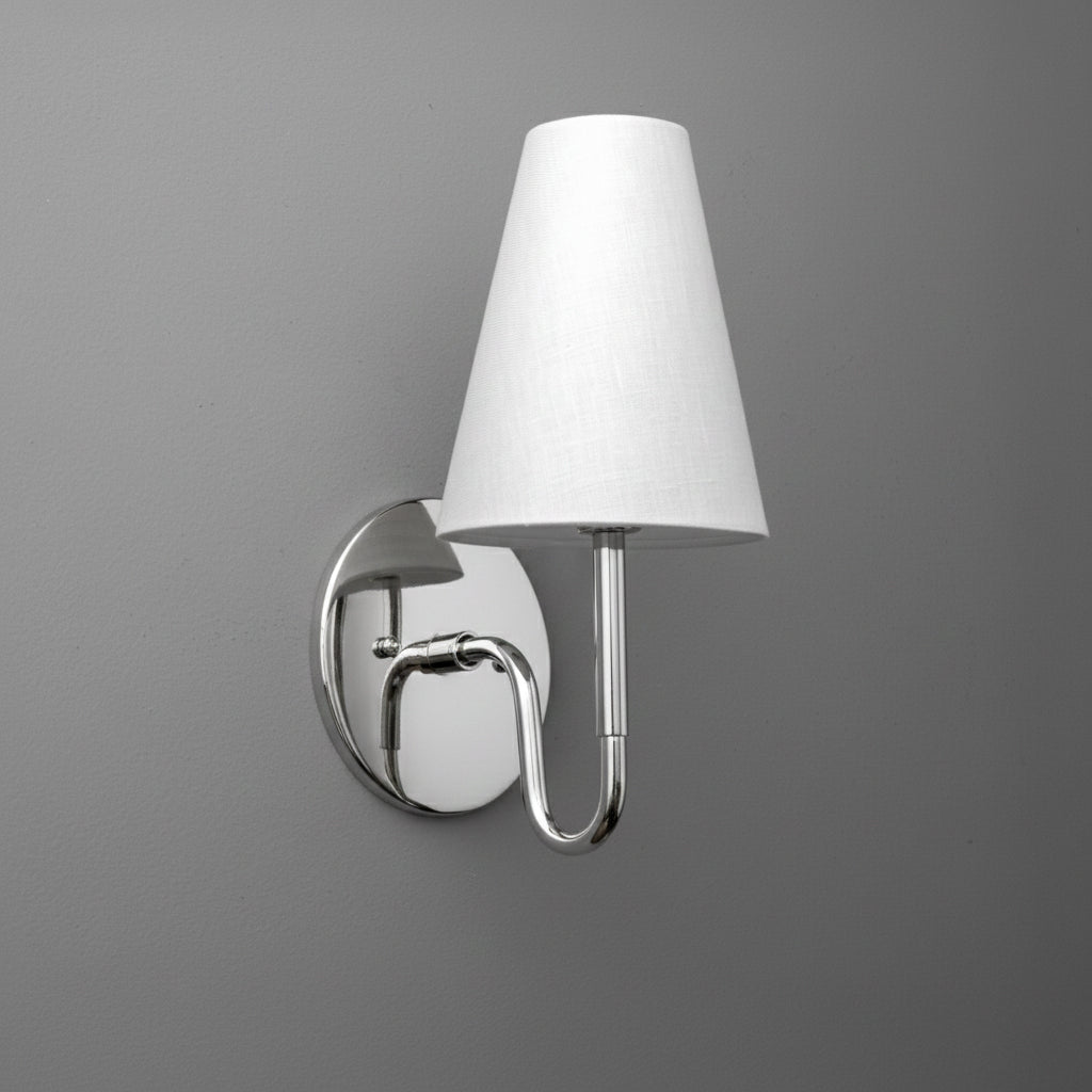 Wall-mounted sconce with polished chrome curved arm and white tapered fabric shade. - SCONCE MODEL NO. 1699