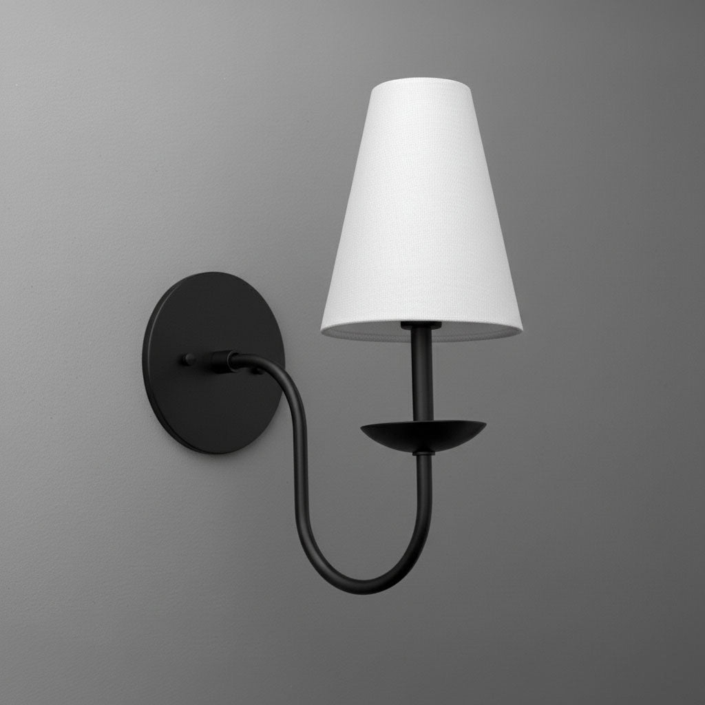 Black metal wall sconce with curved arm and white tapered fabric shade. - SCONCE MODEL NO. 9867