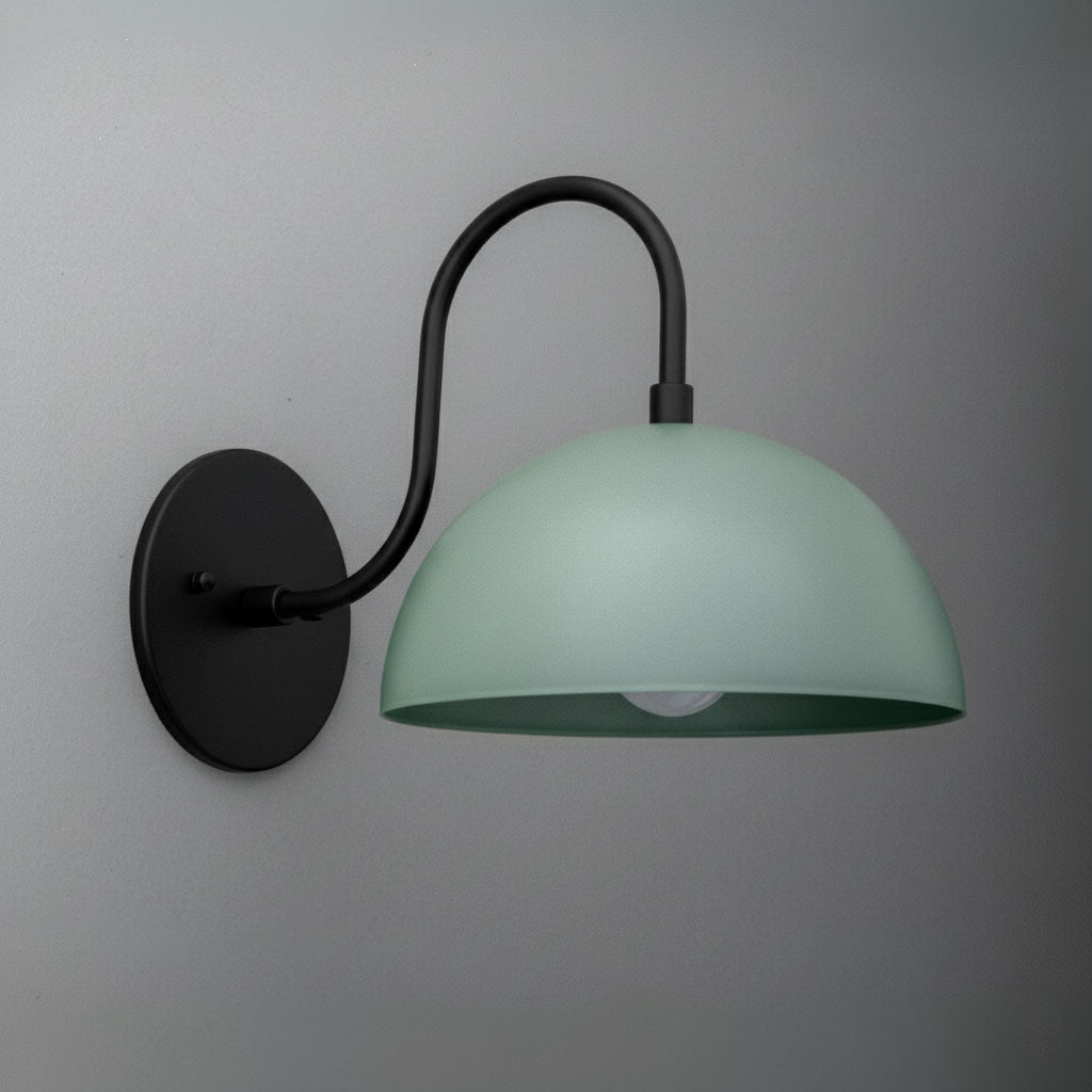 Matte black metal wall sconce with a curved arm and a soft periwinkle dome-shaped shade. - SCONCE MODEL NO. 9092